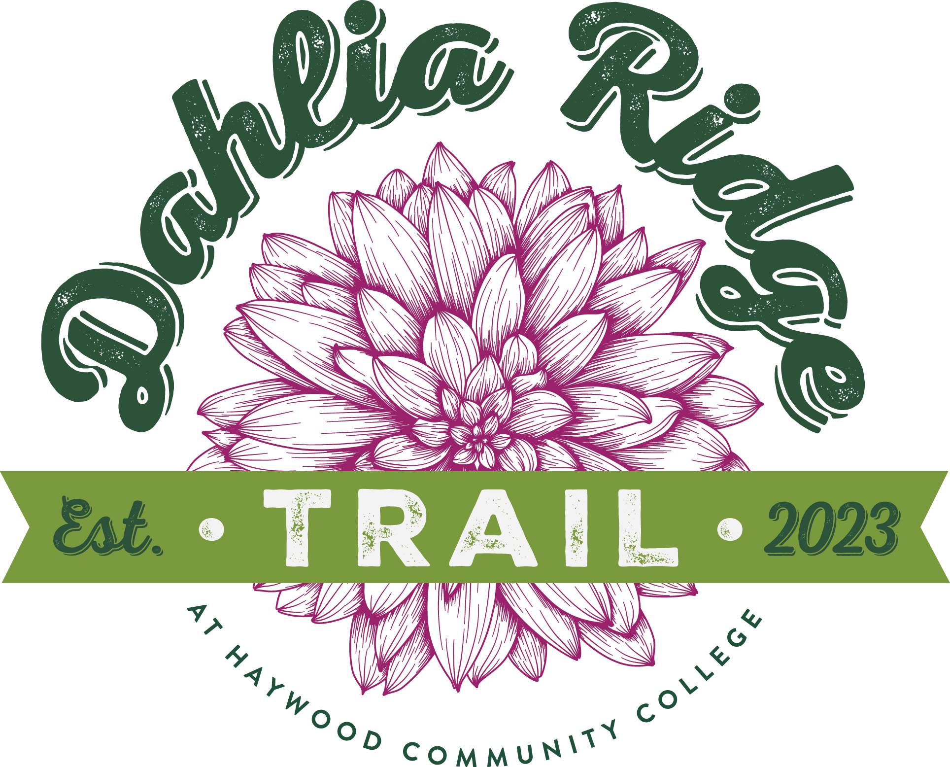 Dahlia Ridge trail logo est. 2023 with pink dahlia