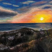 **Alt text:**  A landscape painting of a beach at sunset viewed from behind sand dunes covered with tall grasses. The bright sun hangs low over the ocean near the horizon, casting golden and orange light across the water and sky. Bands of blue, pink, orange, and gray clouds stretch across the scene, creating a dramatic contrast with the glowing sunset. In the foreground, dark dune grasses and sandy mounds frame the view, while small figures are visible along the shoreline in the distance. Broad brushstrokes and rich colors give the painting a textured, atmospheric quality.