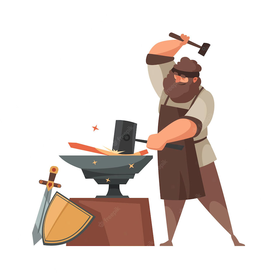 Cartoon illustration of a bearded man hammering hot metal on an anvil.