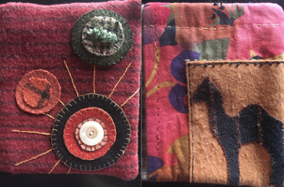 The front of wool appliqued books using wool fibers. There are buttons and animals shapesmade of wool. The booklets hold sewing materials, paper, and other small items.