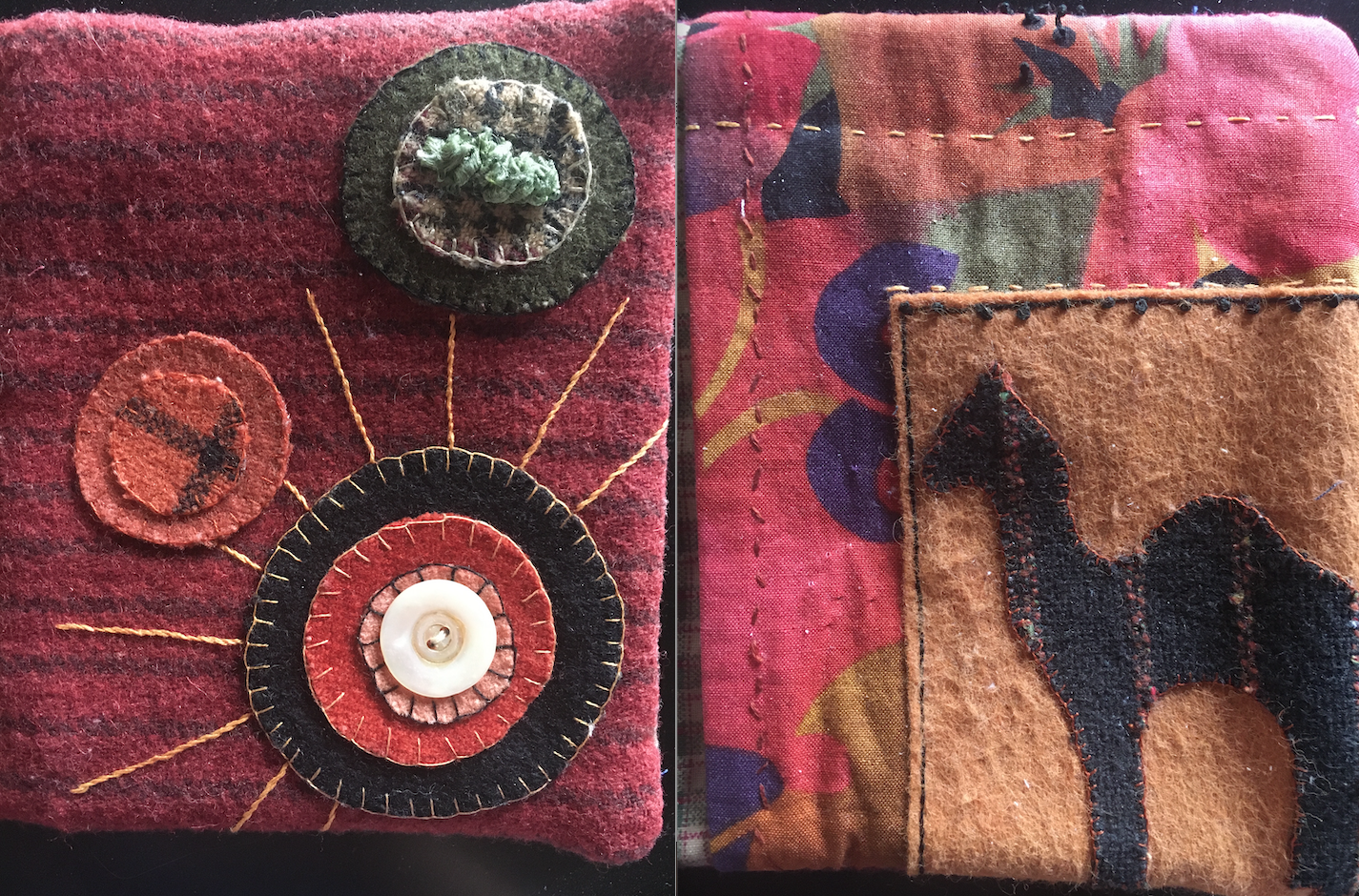 The front of wool appliqued books using wool fibers. There are buttons  and animals shapesmade of wool. The booklets hold sewing materials, paper, and other small items. 