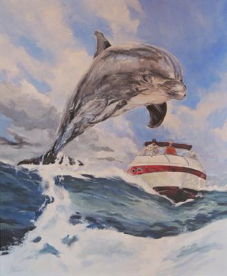 A painting of a dolphin jumping out of the water. A red and white boat is in the background to the right of the ocean.