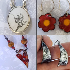 A four pack imagery of enameled pieces by Ilene Kay.