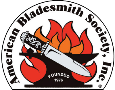 The ABS Logo: a decorative handled knife is set infront of an anvil with orange and red flames illuminating the objects.