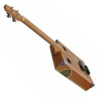 Angled view of a handmade cigar box guitar with a rectangular wooden body, light wood finish, long fretted neck, metal tuning pegs, and visible strings.