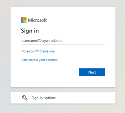 Microsoft sign in screen with a field for username and a button for next