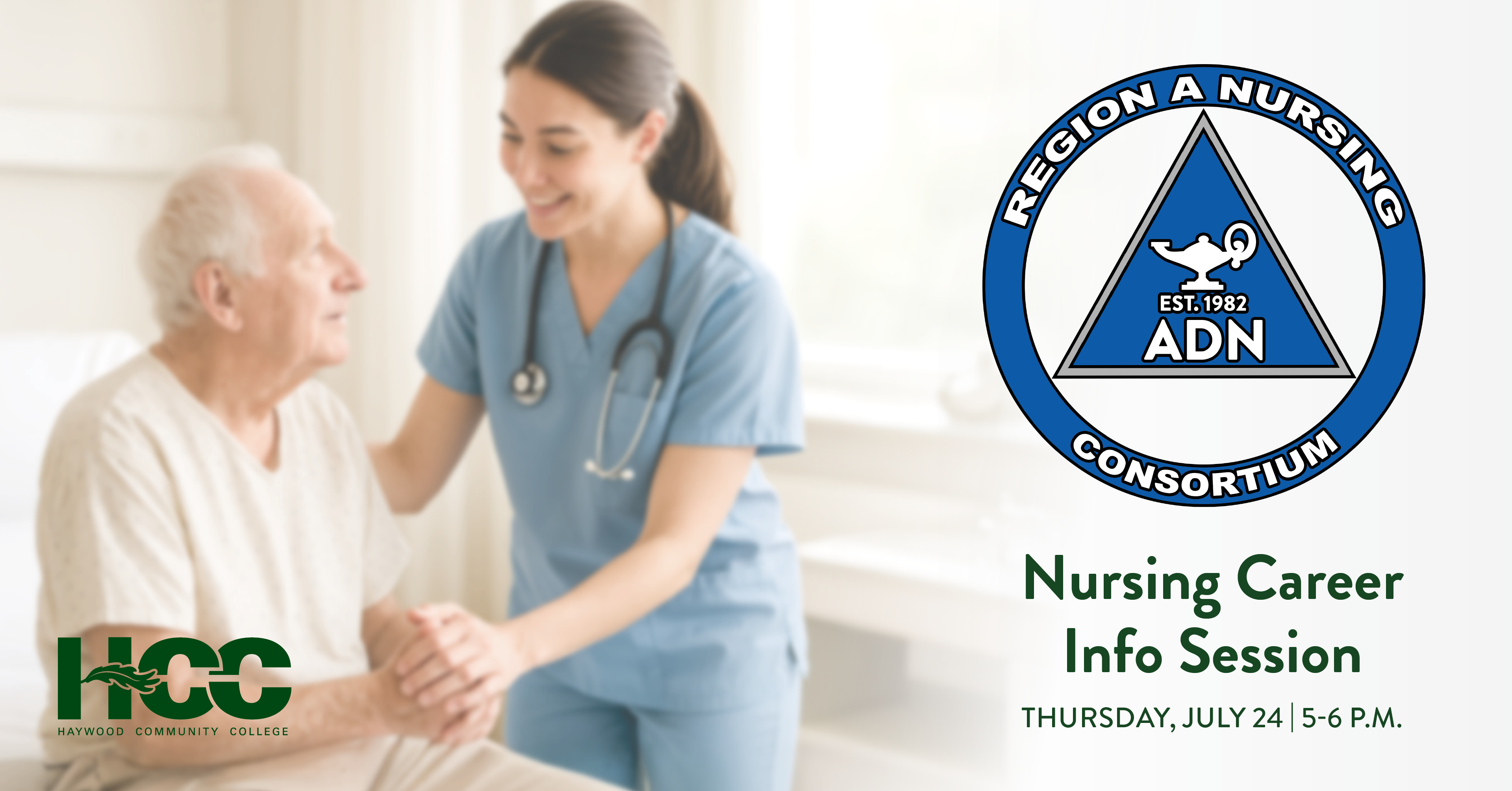 female nurse helping elderly man patient with region A logo, Nursing Open House Thursday, July 24, 5-6pm