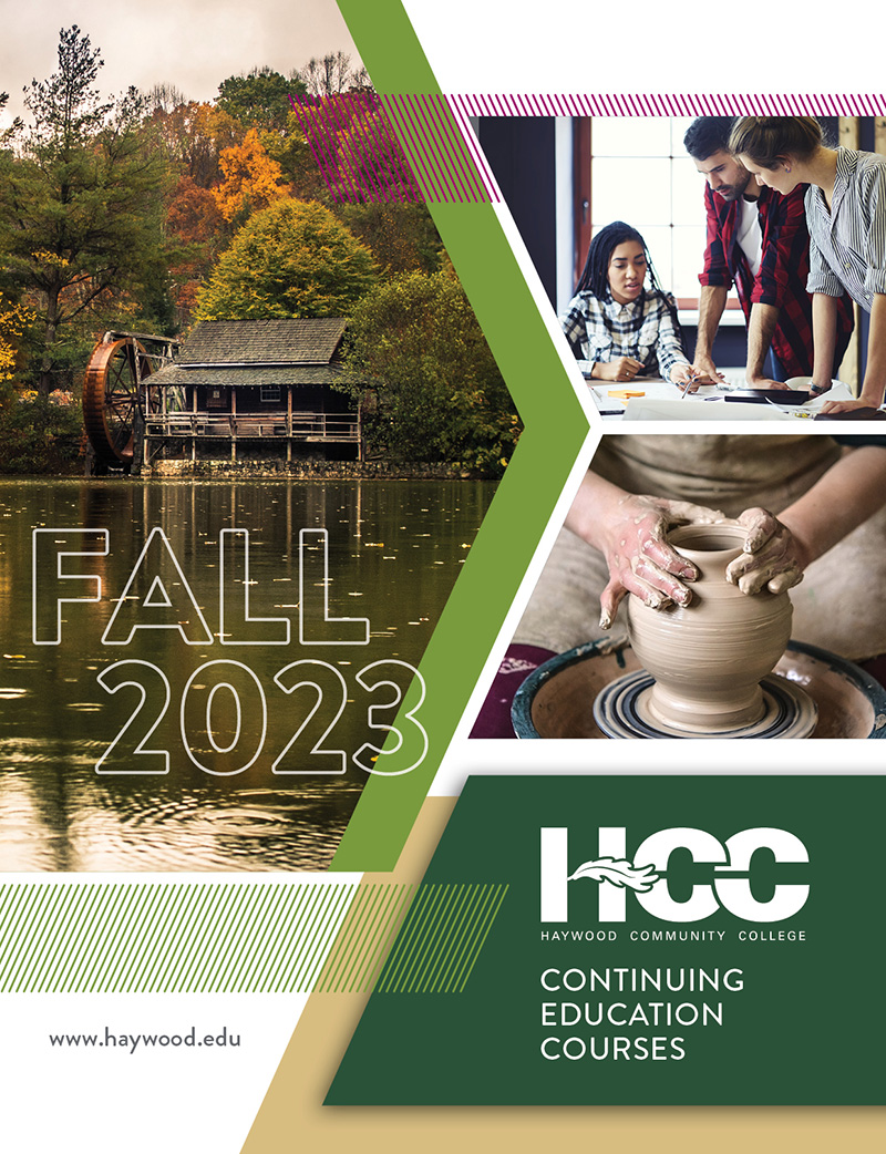 Fall 2023 HCC Continuing Education book cover with millpond, people talking, pottery work
