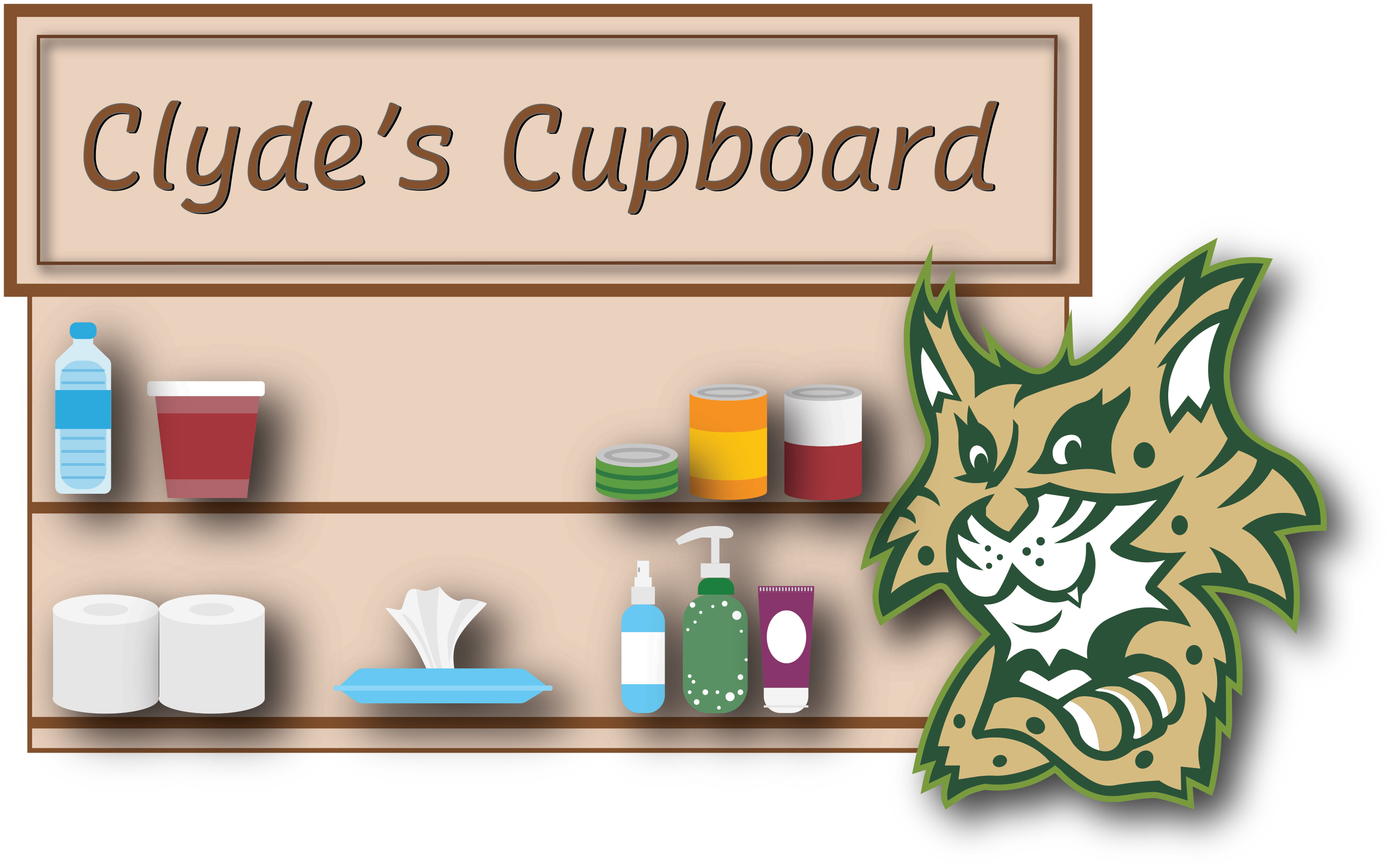 Clyde the bobcat beside a cupboard of food and personal care items.